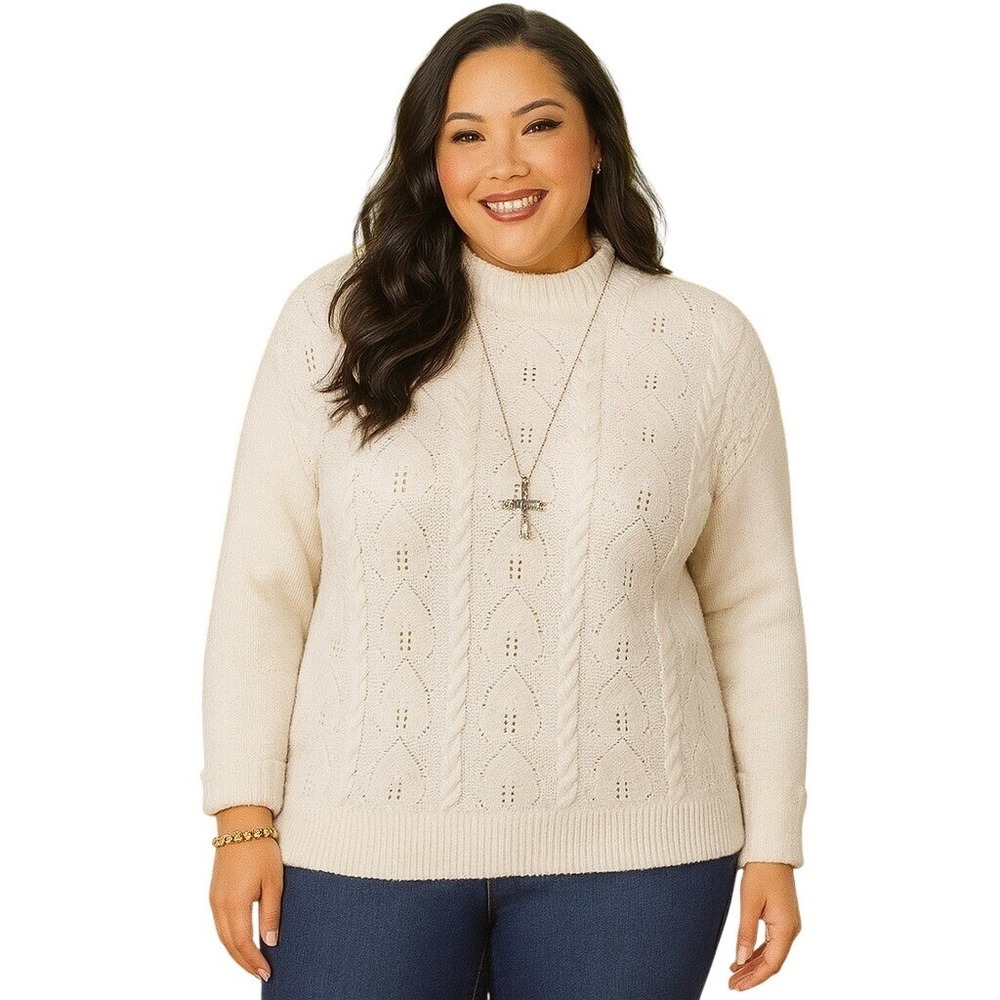 Democracy Long Roll‎ Sleeve Funnel Necked Popcorn Stitch Front Cream 2XL NWT